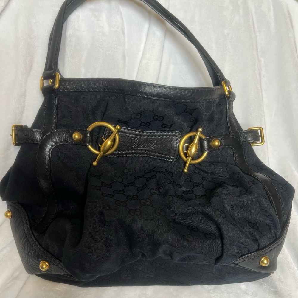 Authentic Gucci Black Tote Canvas Shoulder Bag Gold Brass Hardware Vintage.